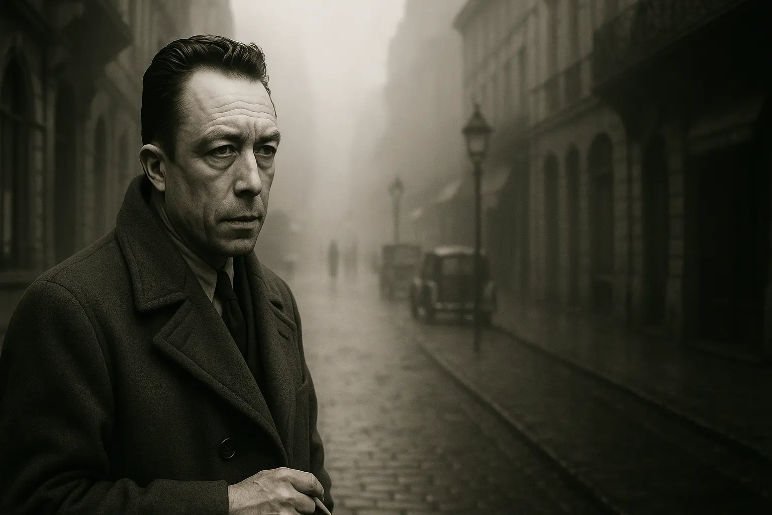 A moody, sepia-toned image of Albert Camus in a long overcoat standing on a foggy cobblestone street in a vintage European city. The man, with slicked-back hair and a solemn expression, gazes thoughtfully into the distance. Behind him, the fog obscures the outlines of old cars, street lamps, and shadowy figures walking down the narrow road lined with tall, historic buildings. The atmosphere evokes a sense of nostalgia, solitude, and existential reflection.